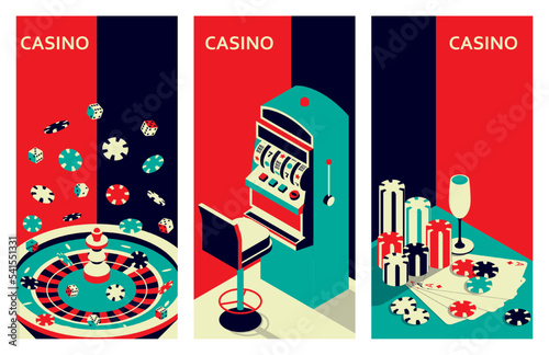 Set of casino banners. Roulette table and slot machine. Chips, drink and ace cards. Vector illustration.
