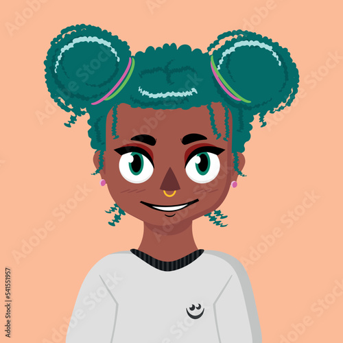 Vector illustration. Dark-skinned girl with high hair. Two bundles. Curly hair. African hairstyle. Bright person. Nose piercing. Septum.