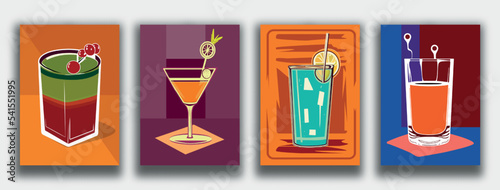 Cocktails collection. Classic and tropical alcoholic drinks, long drinking and shot. Vector illustration.
