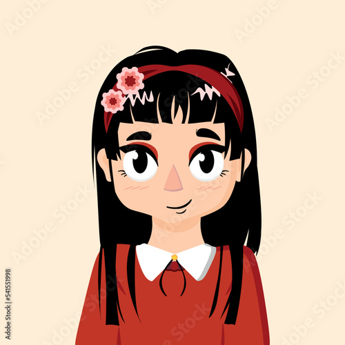 Vector graphics. Japanese girl. Schoolgirl. Girl with bangs, long straight black hair. Headband in hair. Flowers. Student. Chinese. Asian. Idol.