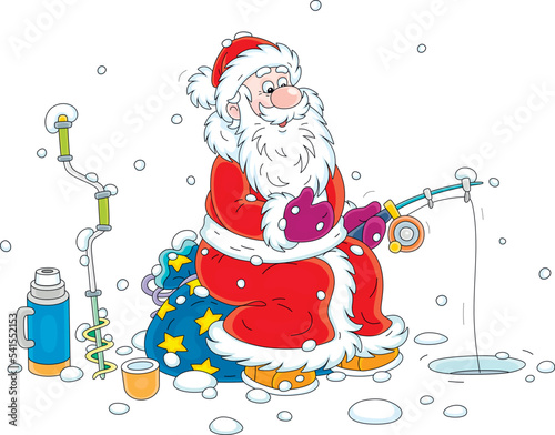 Santa Claus sitting on his gift bag and fishing with a small rod near a drilled ice hole on a frozen winter lake, vector cartoon illustration isolated on a white background