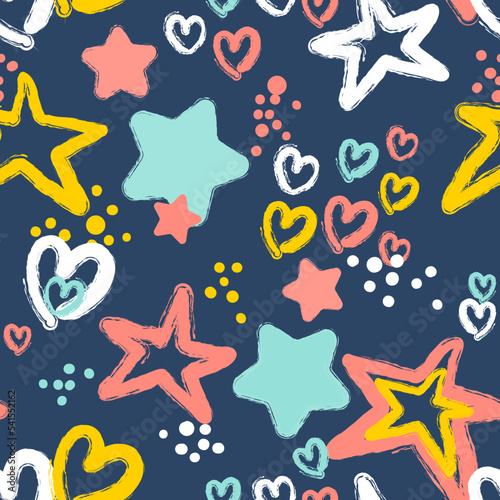 Abstract seamless pattern for girls. Hearts and stars background with colorful dots.