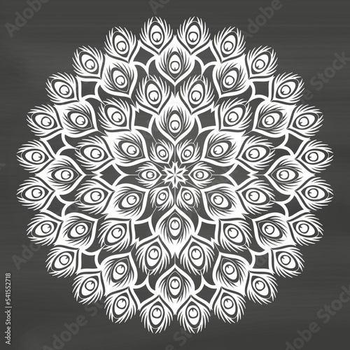 Beautiful background with peacock feathers. Ornamental mandala in India style. Pattern round design