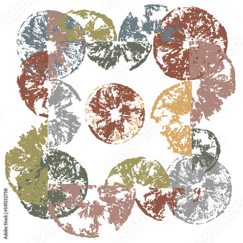 Abstract pattern of colored imprints of lemon halves.