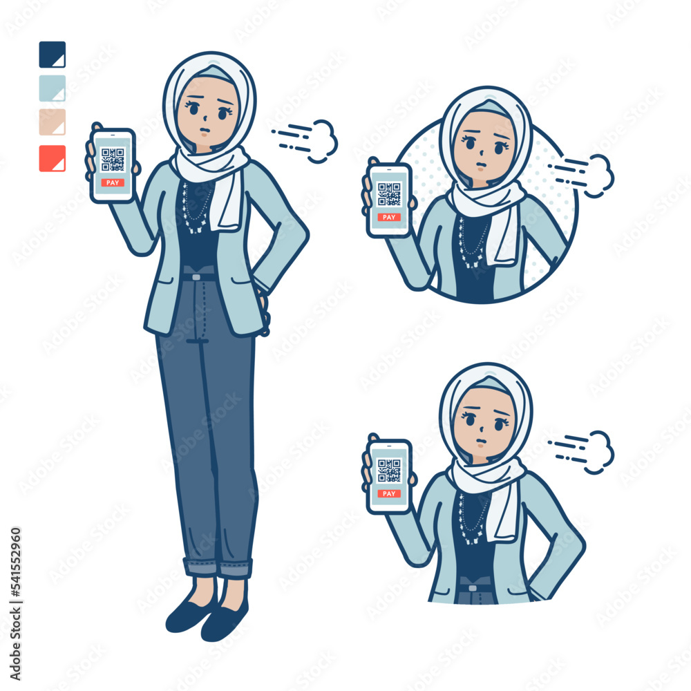カジュアルファッションなアラビア人女性が困った顔でスマートフォンでキャッシュレス決済しているイラスト