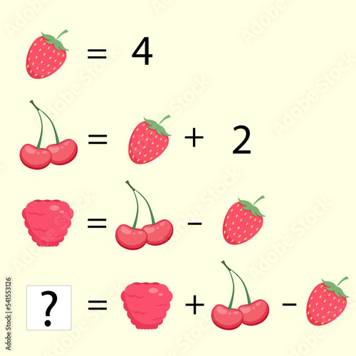 Maths game with berry pictures  for children, easy level, education game for kids, preschool worksheet activity, task for the development of logical thinking. Vector illustration