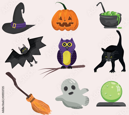 vector autumn halloween set with pumkin,ghost,black cat, hat, ball, owl and bat. Different objects and animals