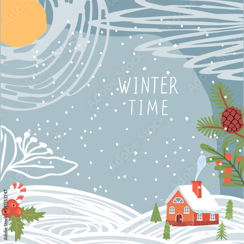Winter abstract background with place for text.Cute house,pine cone, twigs with red berries,    stripes, holly,stick and lettering.Blue,white,yellow and green colors.Vector hand drawn illustration.

