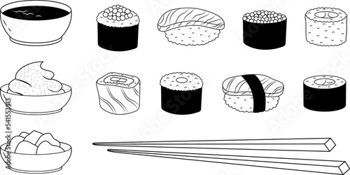 Vector illustration of a set of sushi, sauces and chopsticks highlighted on a white background.Dishes of traditional Japanese cuisine.A bottle of soy sauce,chopsticks,nigiri, tamago, uramaki,futomaki.