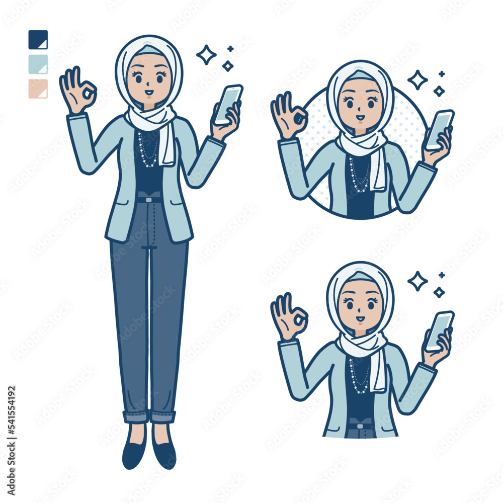 カジュアルファッションなアラビア人女性がスマートフォンを持ちOKサインをしているイラスト