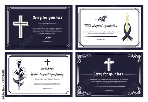 Funeral card layout. Condolence banner with deepest sympathy and sorry for your loss. Frame borders decorative template vector set