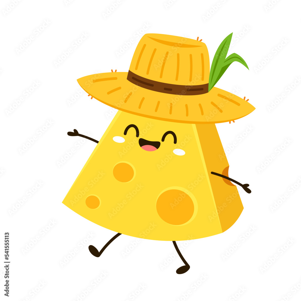 Cute happy cheese character. Funny food emoticon in flat style. Dairy