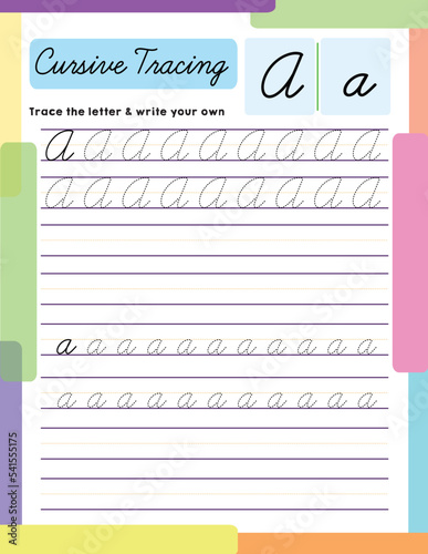 Cursive letter trace worksheet practice A a