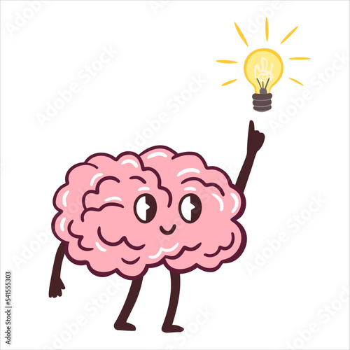 Vector funny cartoon character of brain and idea. Character of brain develops an idea