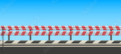 Roadside with guard rail. Highway side with safety roadguard fence, striped crash barrier and traffic protection vector background illustration