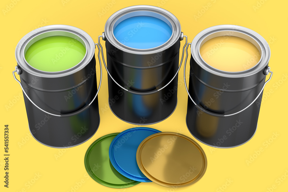 Set of open metal can or buckets of paint with handle on yellow background. Set of open metal can or buckets of paint with handle on yellow background.