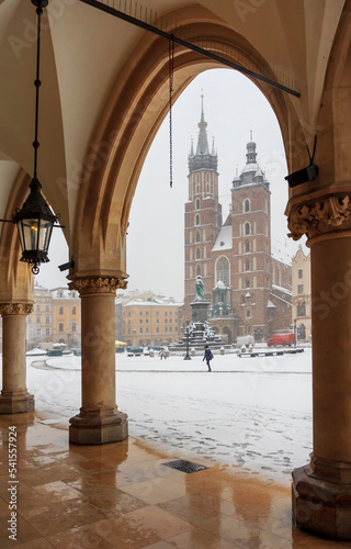Krakow in winter, it's snowing