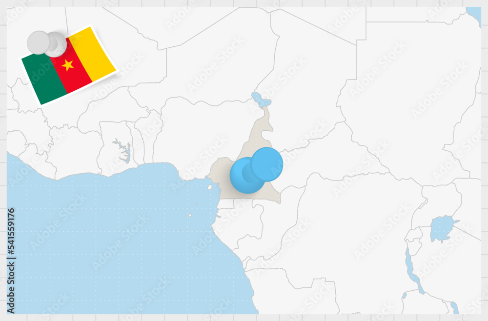 Map of Cameroon with a pinned blue pin. Pinned flag of Cameroon.
