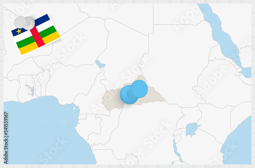 Map of Central African Republic with a pinned blue pin. Pinned flag of Central African Republic.