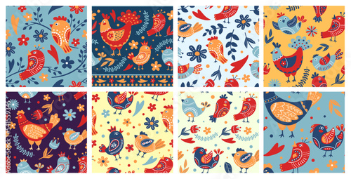 Folk birds patterns. Ethnic flowers ornament, colorful folklore bird and floral branch seamless vector background set