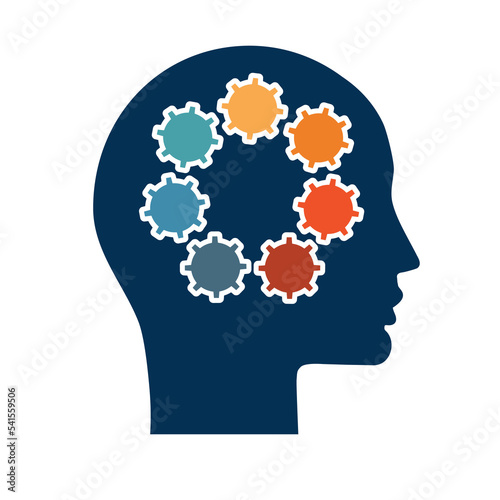 Infographic templates, head and colored gears, 7 positions, isolated