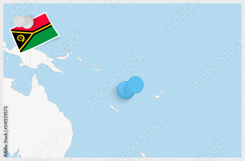 Map of Vanuatu with a pinned blue pin. Pinned flag of Vanuatu.