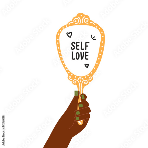 Hand holding mirror. Cartoon motivational quote self love body acceptance positive mind concept. Vector illustration