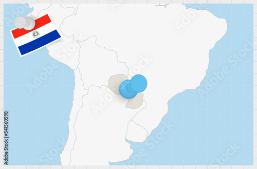 Map of Paraguay with a pinned blue pin. Pinned flag of Paraguay.