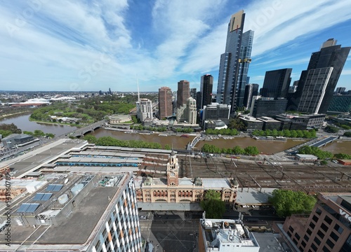 aerial view of flinders street railway station, decretive Victorian stile architecture , Melbourne Victoria Australia  photo