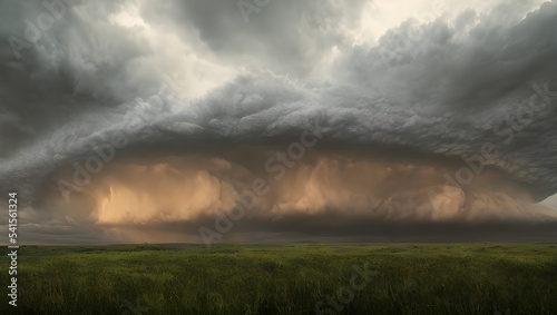 a supercell storm   thunderstorm with dark clouds and rain far away in the distance on an open farming field