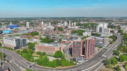 Coventry, UK: Aerial view of city in England, sunny summer day with blue sky - landscape panorama of United Kingdom from above photo