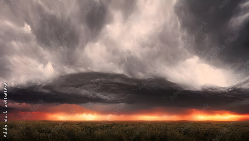 a supercell storm / thunderstorm with dark clouds far away in the distance on an open farming field a supercell storm / thunderstorm with dark clouds far away in the distance on an open farming field