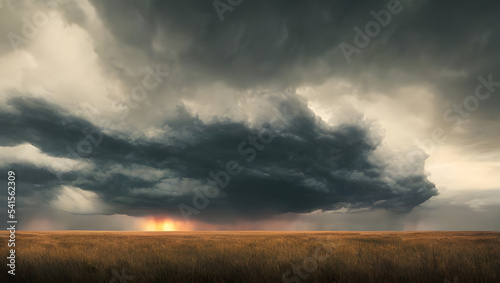 a supercell storm / thunderstorm with dark clouds and rain far away in the distance on an open farming field