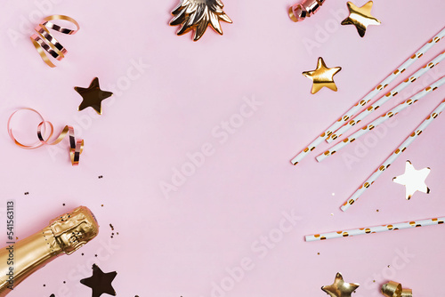 Canvas Print Golden Party decor on pink background, festive decorative items flat lay,