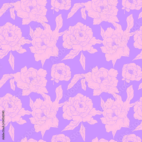 Seamless vector floral pattern. Peonies. Pink peonies on a gray background. Purple background. Flowers. Spring. Monochrome. Home textiles.