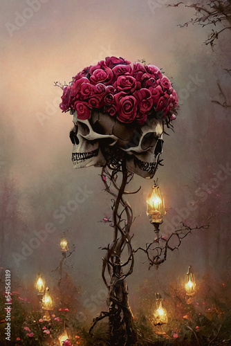 Twin skulls with roses, dark background, fog.