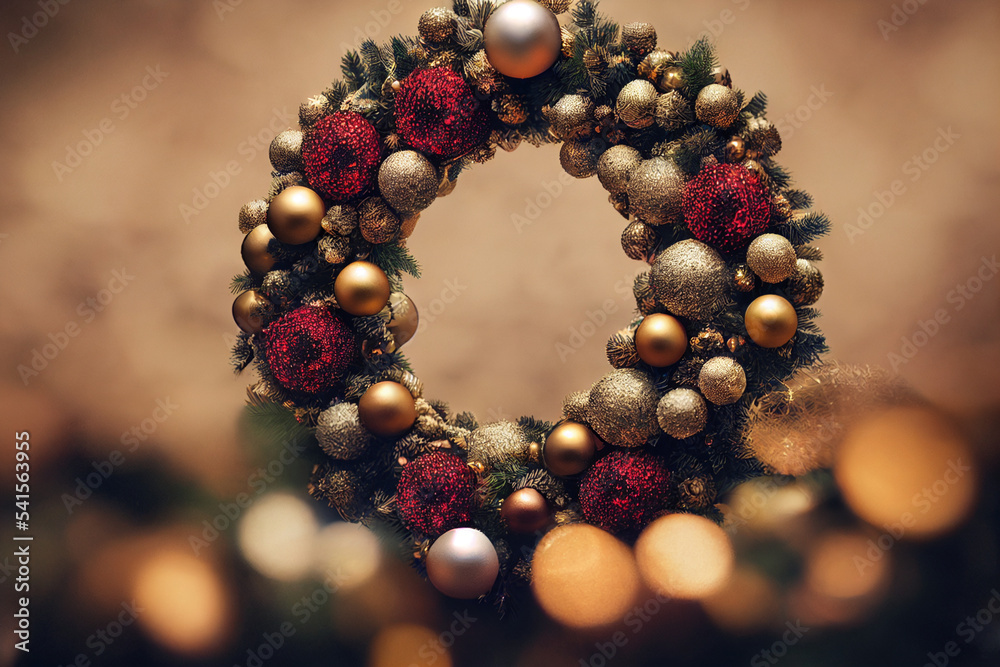Christmas wreath with red and gold ornaments, digital art Christmas wreath with red and gold ornaments, digital art