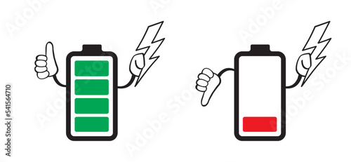 Batteries as stick figure. Cartoon battery charging stickman. Charge indicator. Charge level, loading point. Level energy powerfully. Power, empty,  full, low, up status. 