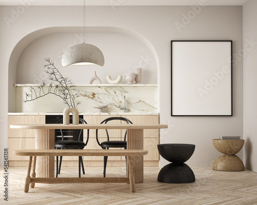 mock up poster frame in modern interior background  kitchen and living room  Contemporary style  Interior space  3D render  3D illustration
