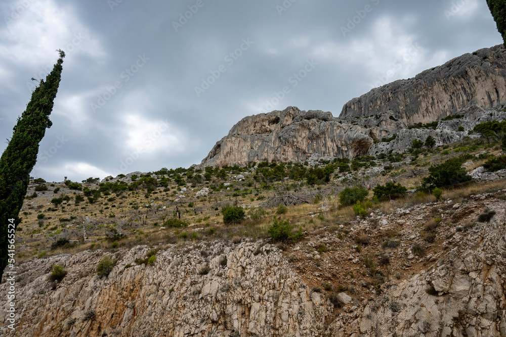 Beautiful rocky landscape of Dinara mountain cliffs, high on the mountain above Adriatic sea of Croatia, with scarse trees growing in the dry grass planes