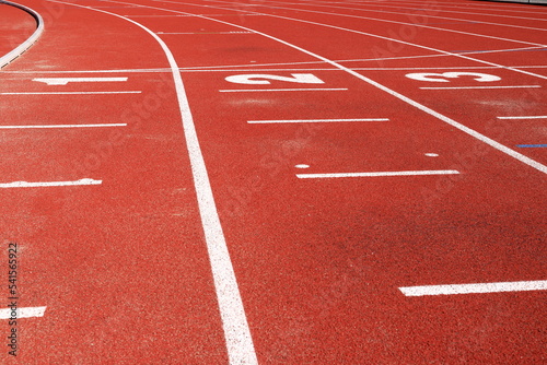 Track lines for running at a Stadium. Empty. One summer day. Bålsta, Stockholm, Sweden.