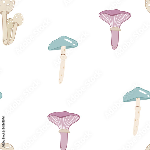 Forest seamless pattern with puffball mushroom, russula, toadstool on white background in cartoon style