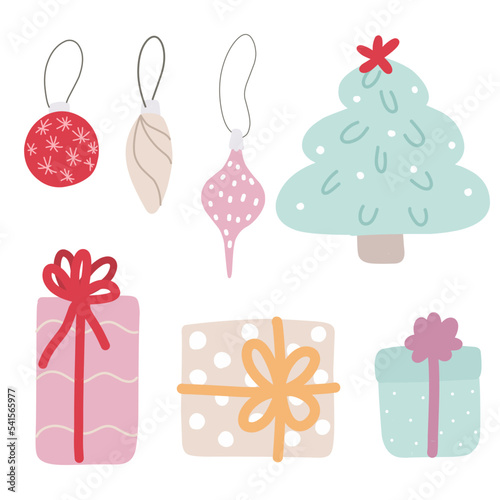 Set of Merry Christmas, vector illustrations Christmas tree, Christmas tree decoration, gifts for sticker, print, poster, card © Ольга Минич