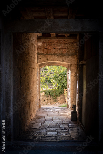 Old  stone passage in Roman Tower located in Skrip  the oldest village on Brac island  Croatia