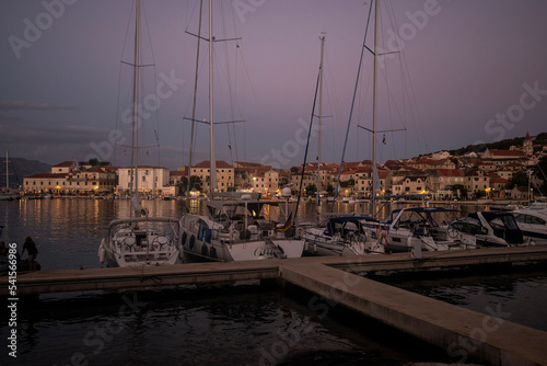 Sailing boats anchored in the town of Postira on Brac island  Croatia for the night