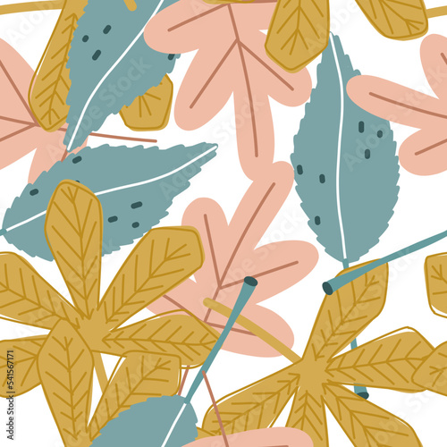 Seamless pattern with autumn leaves of chestnuts, oak, aspen, larch on white background in scandinavian style