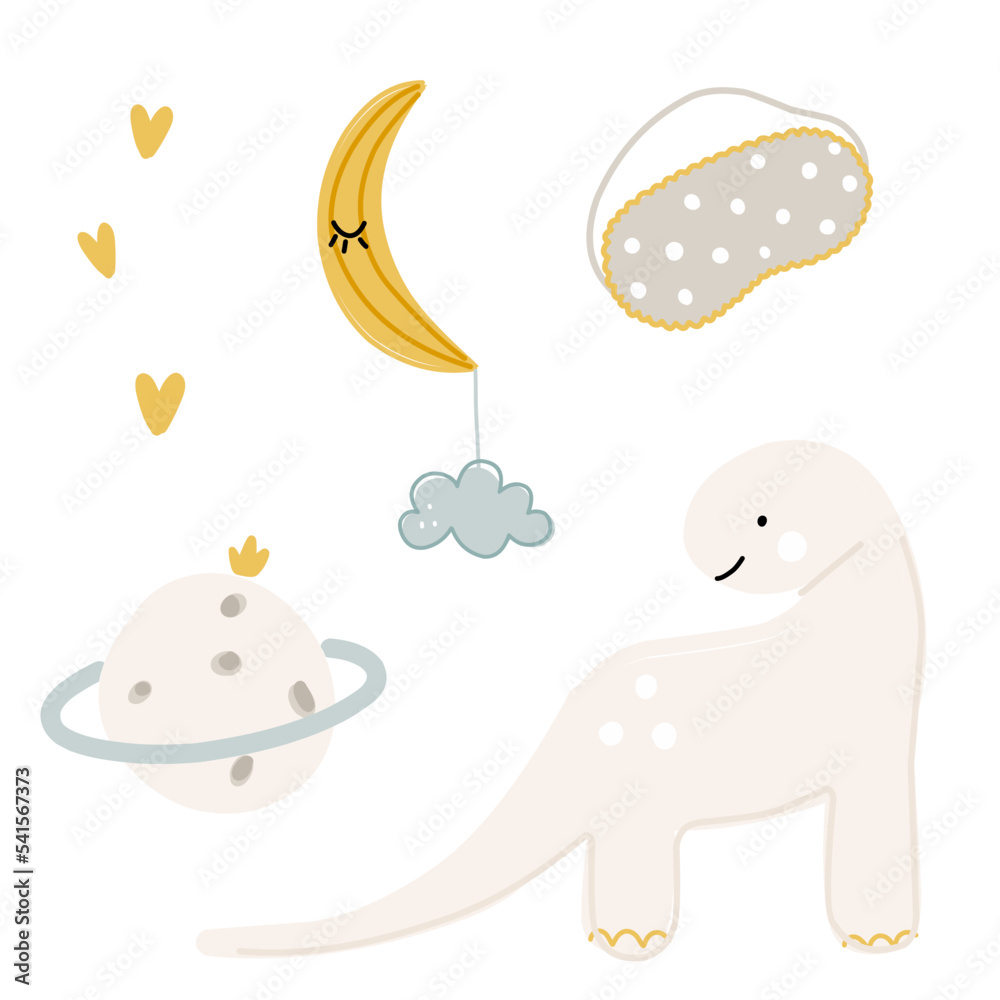 Set of stickers for children, vector illustration sleep mask, planet, crescent moon and cloud, dinosaur in Scandinavian style