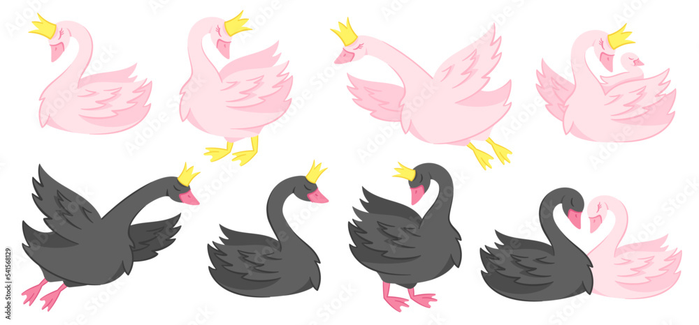Cute swan. Fairytale princess and prince swans, elegant pair of birds with child cartoon character vector set Cute swan. Fairytale princess and prince swans, elegant pair of birds with child cartoon character vector set