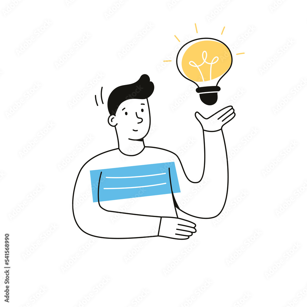 Idea bulb man, work solution, genius illustration. Doodle outline character work creative idea, innovation solution. Young man person with bulb, creative idea concept. Isolated vector illustration Idea bulb man, work solution, genius illustration. Doodle outline character work creative idea, innovation solution. Young man person with bulb, creative idea concept. Isolated vector illustration