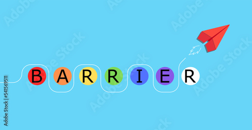 Business for solution and overcoming barriers, goal, target concept. Red paper plane breaking through barriers on blue background. Deal with difficulties on the way to target.